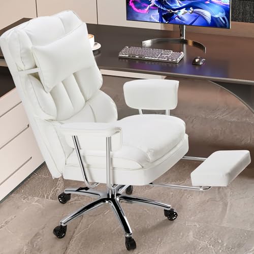 Sweetcrispy Executive Home Office Desk Chair - Ergonomic Big Tall High Back with Footrest & Lumbar Support, Reclining Height Adjustable, Comfy PU Leather Computer Gaming with Swivel Wheels, White