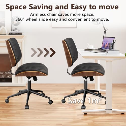 CLATINA Armless Home Office Chair, Desk Chair with Wheels, Adjustable Height Reading Chair, Leather Mid Back & Swivel Computer, Modern Walnut Chairs with Back for Study Meeting Room(Black) 4Pack