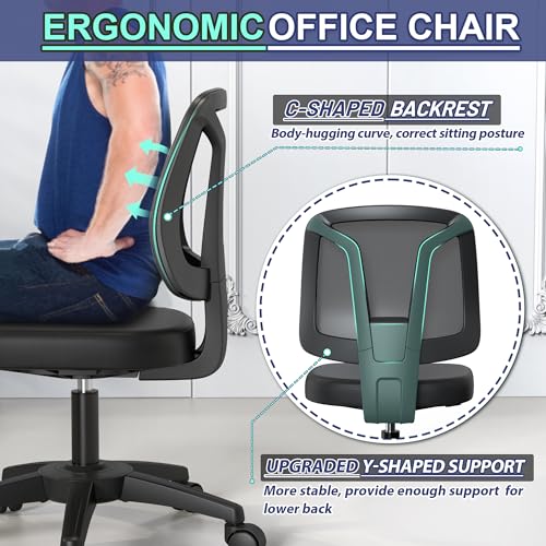 Armless Office Desk Chair No Arms with Back Support Rolling Wheels for Home Study Work