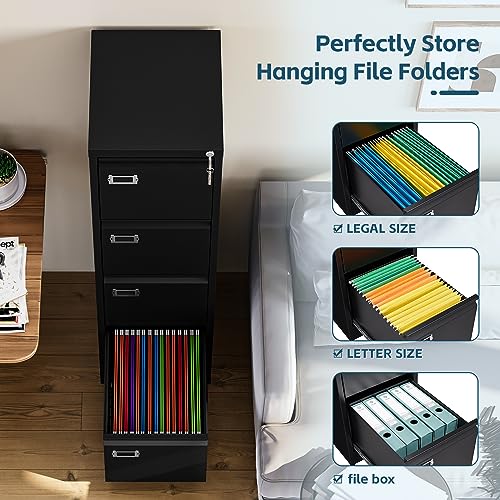 MIIIKO 4 Drawer File Cabinet with Lock, Metal File Cabinets for Home Office,Vertical Filing Cabinets Office Storage Cabinet for Letter,Legal,A4,File Folders(Black)