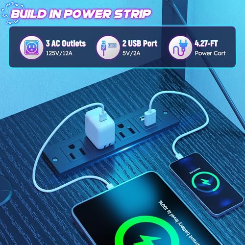 DurayLoly 53 Inch L Shaped Desk Gaming Desk with LED Light & 5 Power Outlet, Reversible Computer Desk with Shelf & Storage Bag Gamer Corner Desk with Headphone Hook for Gaming Room,Small Space,Black