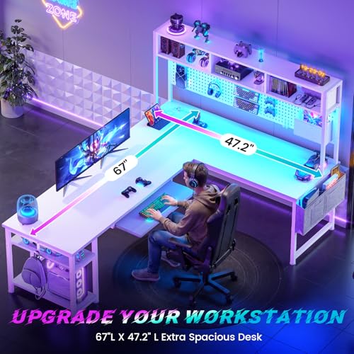 SEDETA White L Shaped Gaming Desk, Reversible Corner With Power Outlet and Pegboard, Hutch, Storage Shelf, Keyboard Tray, and LED Lights for Home Office
