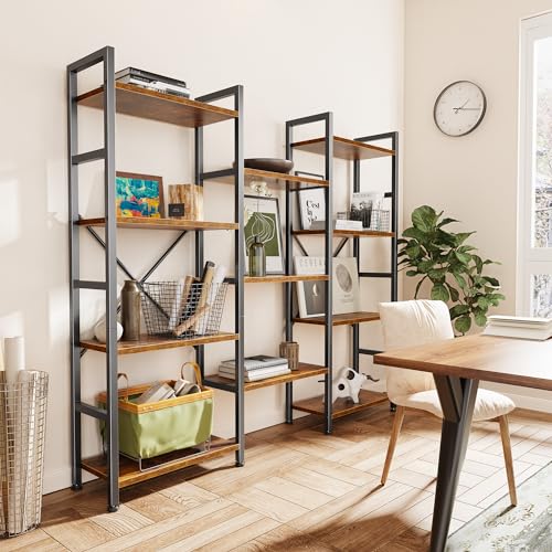 SUPERJARE Triple Bookshelf, Bookcase with 11 Open Display Shelves, Wide Book Shelf Book Case for Home & Office, 4 Tier, Brown,ABC009Z