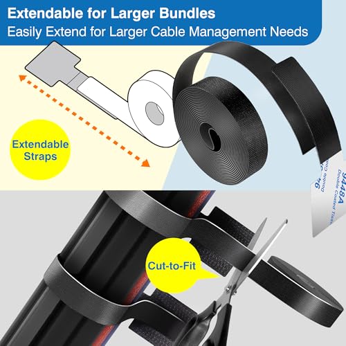 Cable Management Kit – 40 Self-Adhesive Hook & Loop Cable Ties with 2 Extension Straps, Strong Adhesive Cord Organizer for Desk, Wall, Home & Office – Adjustable Wire Holders (Black)
