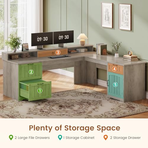 SEDETA 63" L Shaped Desk with Drawers, Farmhouse Corner Computer Desk, Wood Office Desk with File Drawers with Storage, Executive Desk with Monitor Stand and Storage Cabinet, Grey