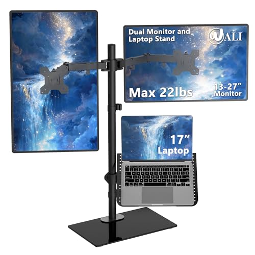WALI Dual Monitor Stand with Laptop Holder, Height Adjustable Laptop Stand for Desk, Fits up to 27 inch Monitors and 17 inch Laptops, Freestanding Dual Monitor Mount with Glass Base(GMF003LP), Black