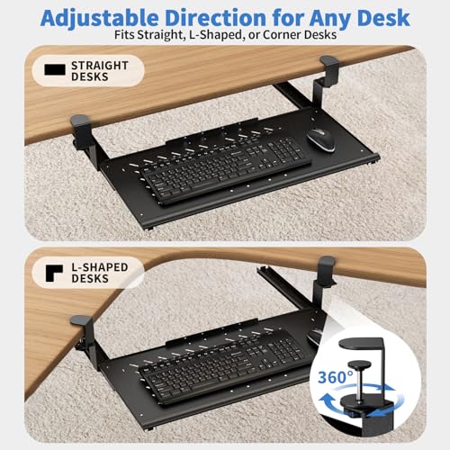 Strifuture Keyboard Tray Under Desk - Full Metal Slide Out Holder, Rust-Resistant & Scratch-Proof, 26x13" Tray, Double C-Clamps for L Shape/Regular Desks, Standing/Sitting Workstation(Black-A)