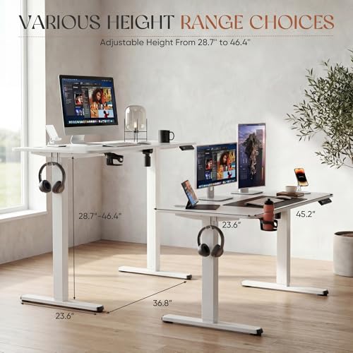 Furmax Electric Standing Desk, 45 x 24 Inches Height Adjustable Sit Stand up Desk, Memory Preset Computer Home Office Desks with Sturdy Metal Frame, Phone Stand Cable Management Hole (White, 45'')