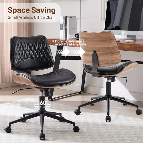 KBEJDBS Walnut Bentwood Mid Back Armless Office Chair 1 Pack, Adjustable Height PU Leather Swivel Desk Chair with Wheels, Rolling Computer Task Chair for Home Office, Study, Meeting Room