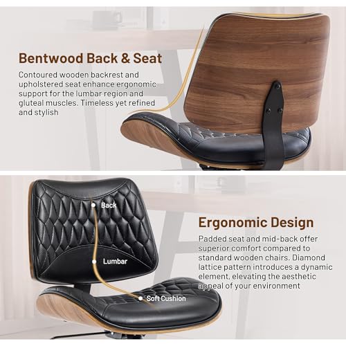 KBEJDBS Walnut Bentwood Mid Back Armless Office Chair 1 Pack, Adjustable Height PU Leather Swivel Desk Chair with Wheels, Rolling Computer Task Chair for Home Office, Study, Meeting Room