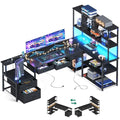 AODK 79 inch L Shaped Desk with 5 Drawers, Reversible L Shaped Gaming Desk with LED Light & 2 Power Outlets, Computer Desk with Storage Shelves for Home Office, Black