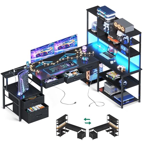 AODK 79 inch L Shaped Desk with 5 Drawers, Reversible L Shaped Gaming Desk with LED Light & 2 Power Outlets, Computer Desk with Storage Shelves for Home Office, Black
