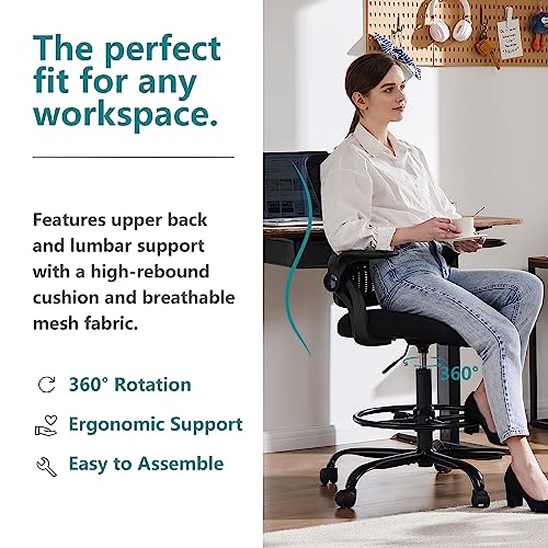 DUMOS Drafting Chair for Standing Desk, Counter Height Adjustable, Flip-up Arms, Ergonomic Mid Back Mesh Rolling Work 360° Swivel Office Computer Chairs with Wheels, for Bedroom Livingroom, Ink
