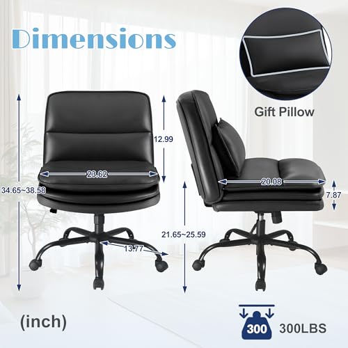 Furmax Criss Cross Legged Office Chair with Wheels, Armless Extra Wide Seat Swivel Desk Chair, Adjustable Height Comfy Task Chair with Thick Cushion for Home Office Bedroom Vanity (PU Leather, Black)