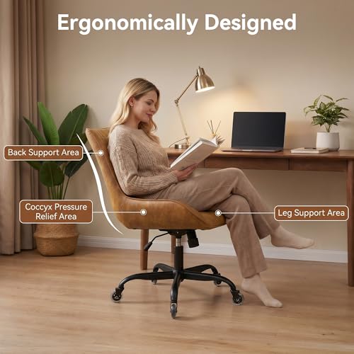 Armless Office Chair, Mid Back Modern Desk Chair with Rubber Wheels, 360 Swivel PU Leather Office Chair No Arms, Adjustable Height Small Computer Chair, Armless Desk Chair for Office, Brown