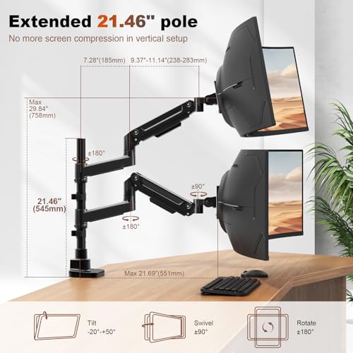 Dual Monitor-Arm Heavy-Duty for 17-49-inch Screens - Premium Vertical Stacked Dual Monitor Arm Desk Mount for Ultrawide Screens up to 44lbs, Fully Adjustability, VESA 75/100 mm, Black
