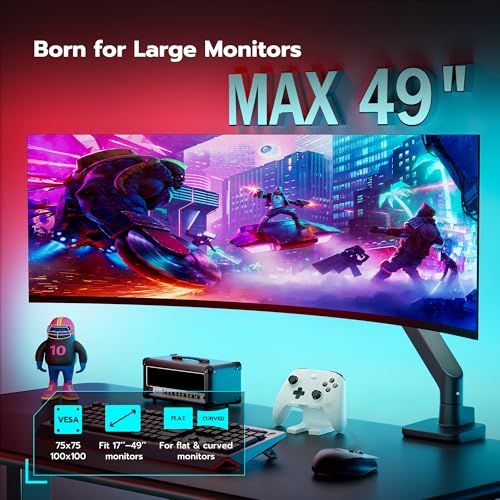 ARES WING Ultrawide Monitor Arm for 17 to 49 Inch Heavy Duty Curved Screen, Holds 44 Lbs, Adjustable Gas Spring Monitor Arm Desk Mount with C Clamp, Grommet Base, 75/100 Vesa Mount, Black