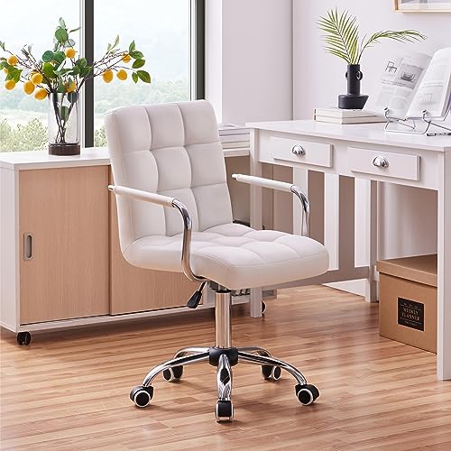 Yaheetech White Office Chair with Wheels and Armrests, Modern PU Leather Desk Chair, Mid-Back Adjustable Executive Chair, 360° Swivel