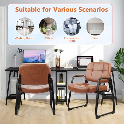 CLATINA Big & Tall 500 lbs Waiting Room Chairs with Padded Armrests and Sled Base, Leather Stationary No Wheels Office Guest Chair for Reception Lobby Home and Meeting Conference, Brown (4 Pack)
