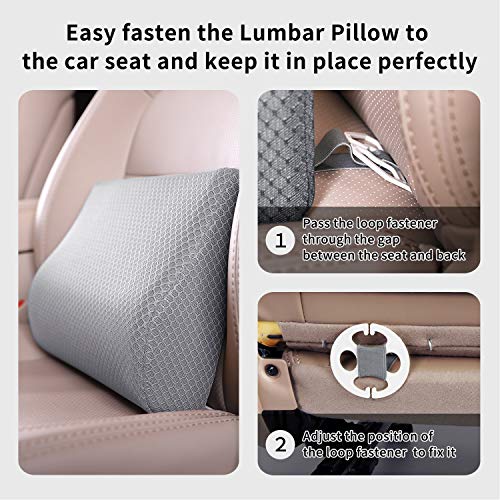 TISHIJIE Memory Foam Lumbar Support Pillow for Car - Lower Back Support Cushion for Driving, Back Pain Relief for Car Seat, Office Chair, Wheelchair (Gray)