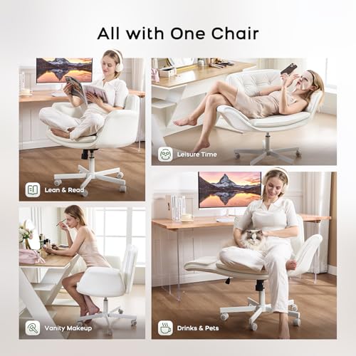 amseatec Criss Cross Office Chair, PU Leather Vanity Chair with 5-Level Adjustable Armrests & Swivel, Ergonomic Criss Cross Chair for Home Office Bedroom Makeup（White）
