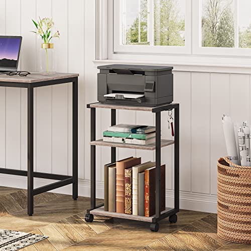 HOOBRO Mobile Printer Stand, 3-Tier Printer Cart Under Desk with Storage, Industrial Adjustable Rolling Cart, Sturdy Little Table on Wheels for Home Office BG28PS01N1