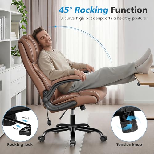 Stella Mia Ergonomic Office Chair – High Back Leather Desk Chair with Adjustable Lumbar Support & Flip-Up Arms, Premium Padded Seat for Home Office Desk, Brown