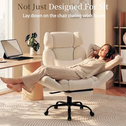 Office Chair with Flip Armrests,Big and Tall Office Chair with Foot Rest,Extra Wide Seat & Lumbar Pillow,Ergonomic Computer Gaming Chair,Comfy Criss Cross Chair for Pets Sitting,Teddy Fleece,White