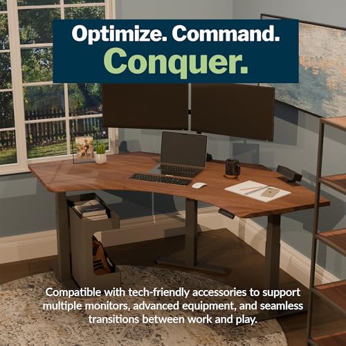 Vari Command Center Electric Standing Desk – 120° Curved Sit-Stand Gaming Desk Corner Workstation for Triple Monitors + Sloped Front Edge, 4 Height Settings, 200 lb Capacity (Walnut Top/Slate Legs)