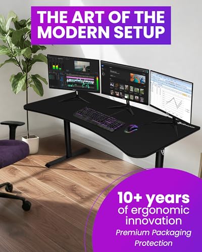 Arozzi Arena Large Gamer Desk - 63x32” Adjustable Height PC Gaming Desk With Storage For Cables & Triple-Monitor Support - Full-Surface Washable Mousepad - Pure Black