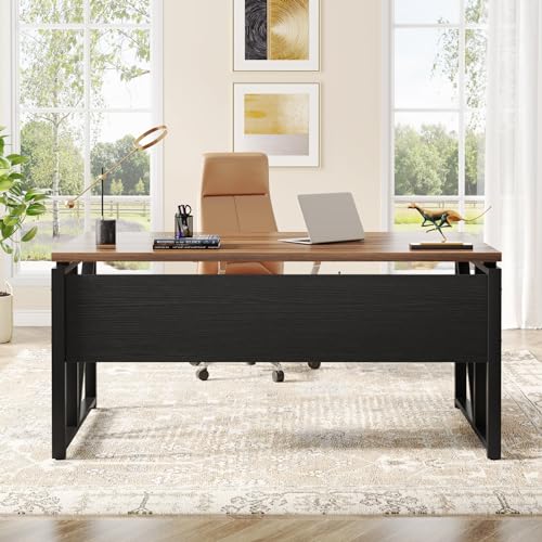 Tribesigns 55 inches Computer Desk with Bottom Storage Shelf Home Office Desk Writing Table for Workstation, Dark Walnut + Steel Leg, Cabinet not Included (Walnut, 55-inch -with Shelf)