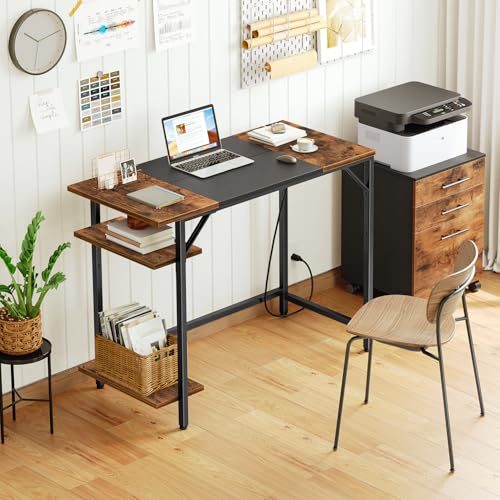HOOBRO Small Computer Desk, Home Office Desk with Power Outlet, Writing Desk with 2 Shelves, Modern Small Desk for Home Office, Study, Easy to Assemble, Rustic Brown and Black BF43UDN01