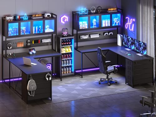 SEDETA L Shaped Gaming Desk with Drawers, L Shaped Computer Desk with Hutch and Storage Shelves, Gaming Desk with Pegboard, Led Lights, and Power Outlet, Home Office Desk, Corner Desk, Black