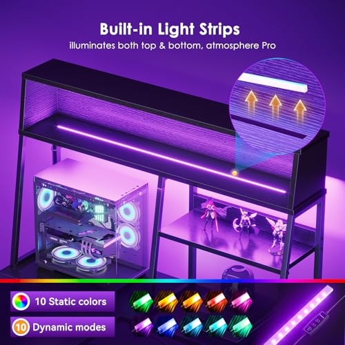 AODK L Shaped Gaming Desk with Led Lights, 51 Inch Reversible Gaming Computer Desk with Display Shelves, PC Gamer Desk Gamer Table with Storage Bag, L Desk for Game, Black