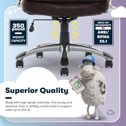 Serta Fairbanks Big and Tall Executive Office Chair - Ergonomic High Back Computer DeskChair with Lumbar Support, Memory Foam Seat Cushion, Padded Armrests, Bonded Leather, 350 lb Capacity - Brown