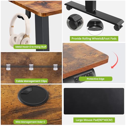 farexon Electric Standing Desk Adjustable Height, 71 x 28 Inch Sit Stand up Desk with Large Mouse Pad, Double Metal Hook,4 Wheels,4 Memory Preset Heights Home Office Computer Desk（Brown）
