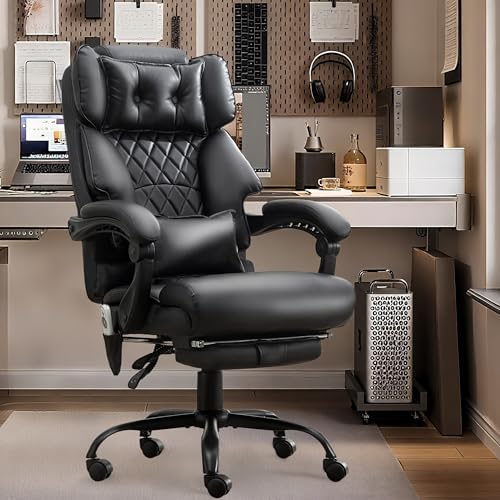 Massage Office Chair with Foot Rest,6 Points Vibration&Heat Executive Office Chairs,Big and Tall Leather Office Chair 500LBS,Ergonomic Desk Chair for Heavy People,Home and Office Computer Chair,Black