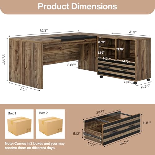 Tribesigns 62.2" Executive Desk with Mobile File Cabinet, L-Shaped Office Desk with Storage Shelves, Large Computer Desk Business Workstation Set for Home Office, Light Brown