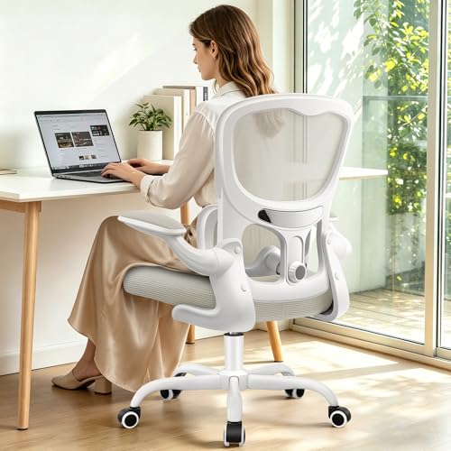 ALLGOD Ergonomic Office Chair, Breathable Mesh Ergonomic Desk Chair with Adjustable Lumbar Support, Flip-up Armrests, Computer Chairs Comfortable for Home, Office, Work, 300lbs, White, Upgrade