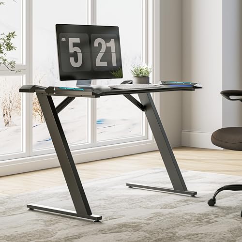 EUREKA ERGONOMIC Gaming Desk with LED Lights Home Office RGB Table, Small Gaming Desk, Computer Table, Black