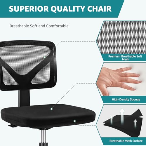 OLIXIS Armless Office Chair, Ergonomic Desk Chair with Wheels, Mesh Back, Removable Washable Foam Cushion, Height Adjustable Rolling Swivel Chairs for Small Space, Home, Office, Black