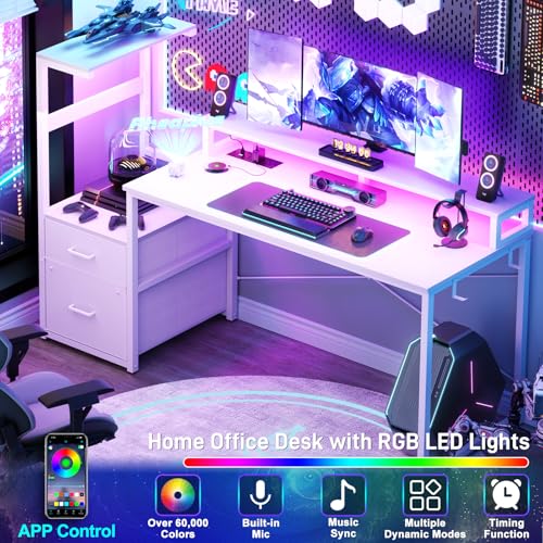 Aheaplus Gaming Desk with LED Strip & Power Outlet, 59Inch Reversible Computer Desk with Monitor Stand & Storage Shelves, Home Office Desks with Fabric File Drawer, Gamer Table PC Desk, White