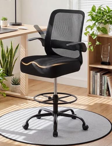 Drafting Chair 500LBS – Tall Office Chair with Adjustable Height & Foot Ring for Standing Desk, Ergonomic Mesh Chair with Flip-Up Armrests, Thick Curved Seat for Home Office & Creative Work