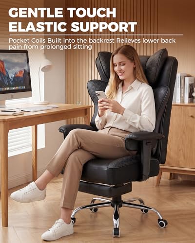 GTPLAYER Big and Tall Office Chair Wide Ergonomic Gaming Chair with Deluxe Embossing Designed Leather with Foot Rest,150°Reclining Adjustable Soft Armrests Pocket Spring Back Support and Pillow