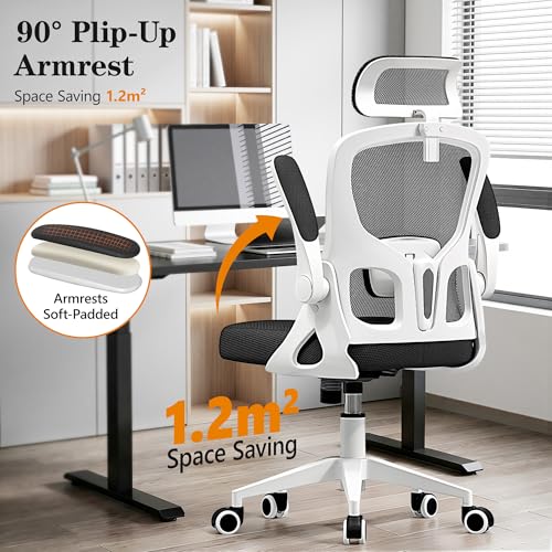 Ergonomic Office Chair, High Back Desk Chair with Flip-up Arms, 300 LBS Mesh Computer Chair with Adjustable Headrest & Lumbar Support, Comfy Gaming Chair for Adults, Home Office Desk Chairs (White)