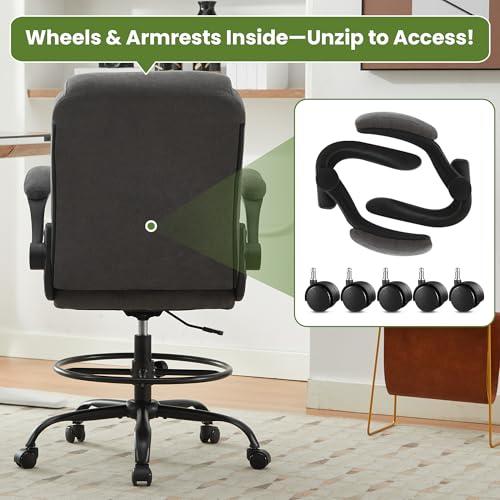 Drafting Chair Tall Office Chair for Standing Desk, Ergonomic Tall Desk Chair with Adjustable Foot Ring, Flip-Up Armrests, Lumbar Support, Comfortable Fabric Seat – Ideal for Home and Office Use