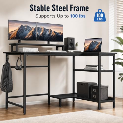 DEVAISE 47" L Shaped Gaming Desk with LED Lights and Power Outlets - Spacious Corner Computer Table with Monitor Stand and Storage Shelves for Work and Gaming, Black