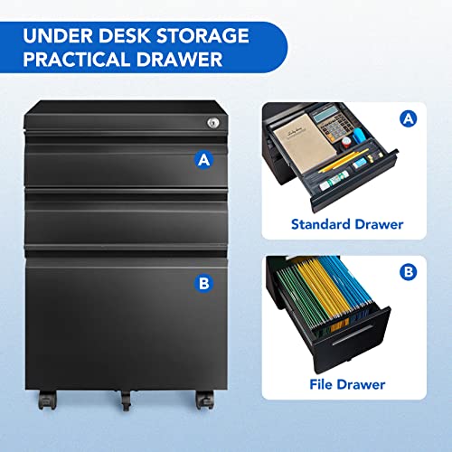 FLEXISPOT 3-Drawer Metal Mobile Filing Cabinet for Home Office - Under Desk Storage with Lock Keys - Legal/Letter/A4 File Organizer - Fully Assembled Except Wheels - Black