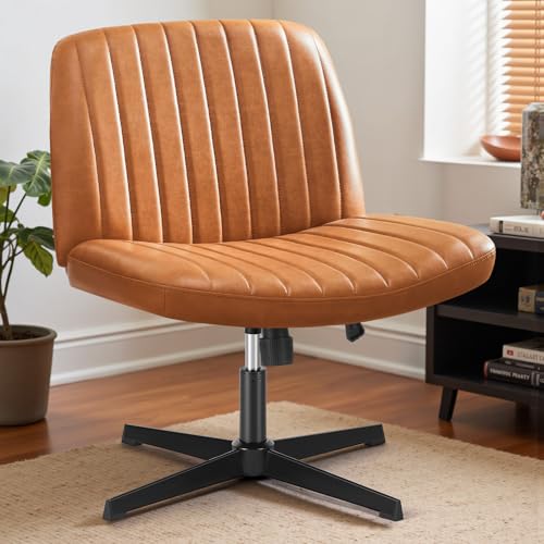 DUMOS Criss Cross Chair No Wheels, Wide Seat Cross Legged Office Desk Vanity Chair, Faux Leather Armless Height Adjustable Swivel Task Computer Chairs for Home, Study, Brown PU