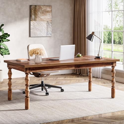 Tribesigns Large Executive Office Desk, 62.2-Inch Farmhouse Modern Computer Desk, Mid Century Study Writing Table Workstations Business Office Furniture with Carved Turned Legs (Walnut)